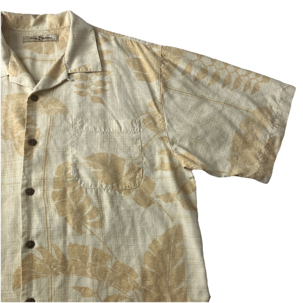 Tommy Bahama Button Down Shirt Mens Large Silk Short Sleeve Yellow Floral Pocket